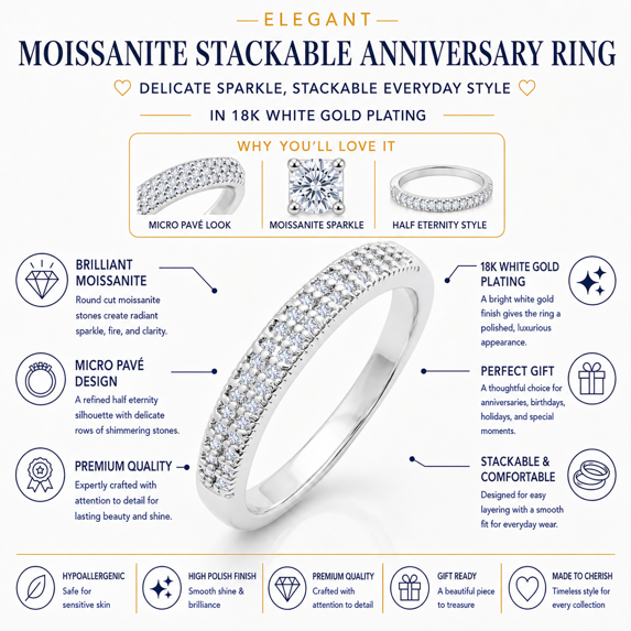 JeenMata Moissanite Stackable Anniversary Ring - Micro Pave Half Eternity Wedding Rings for Women in 18K White Gold Plating, Gift for Her, Gift for Women