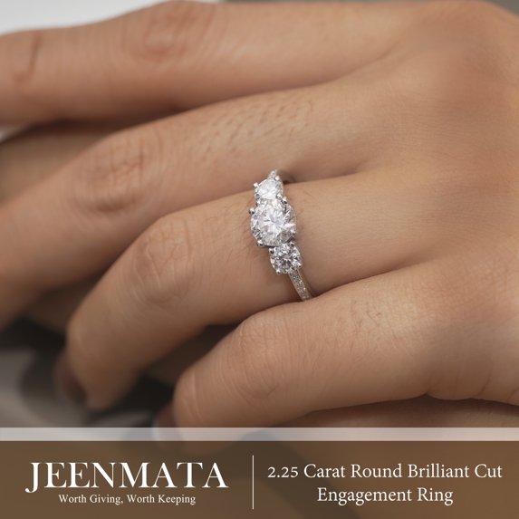 JeenMata 2.25 Carat Round Brilliant Cut Lab Grown Diamond-Three Stone Engagement Rings in 18K White Gold Plating for Women