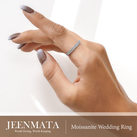 JeenMata Moissanite Stackable Anniversary Ring - Micro Pave Half Eternity Wedding Rings for Women in 18K White Gold Plating, Gift for Her, Gift for Women
