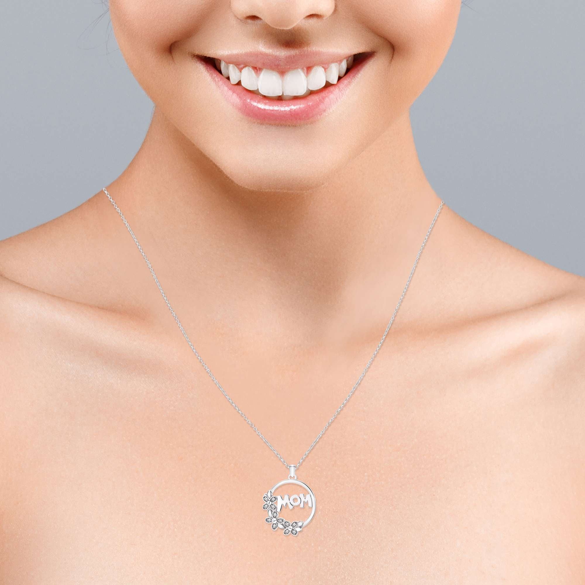 Botanical Mom Diamond Pendant Necklace in 18K White Gold over Silver