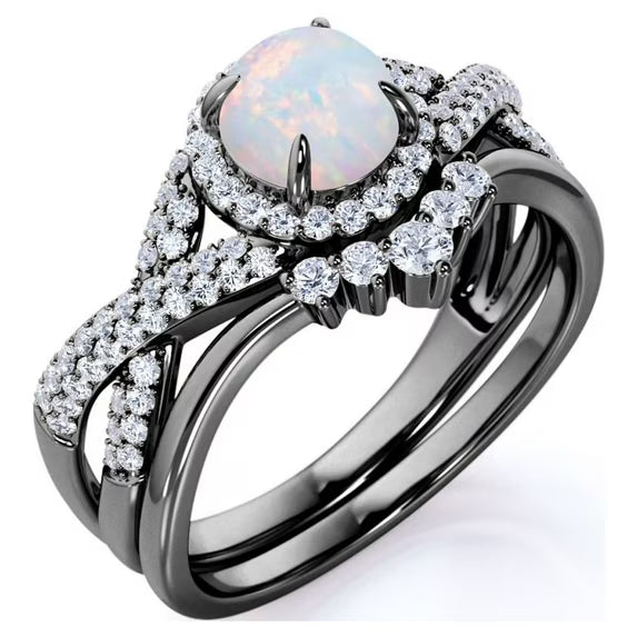 JeenMata 1 Carat Vintage Round Cut Blue Lab Created Opal and Moissanite Wedding Ring Set in 18K White Gold Plating for Women