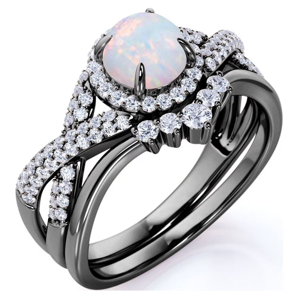JeenMata 1 Carat Vintage Round Cut Blue Lab Created Opal and Moissanite Wedding Ring Set in 18K Black Gold Plating for Women