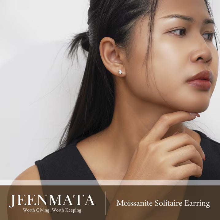 JeenMata Minimalist 0.5 Carat Emerald Cut Moissanite Solitaire Stud Earrings in 18k White Gold Plating for Women