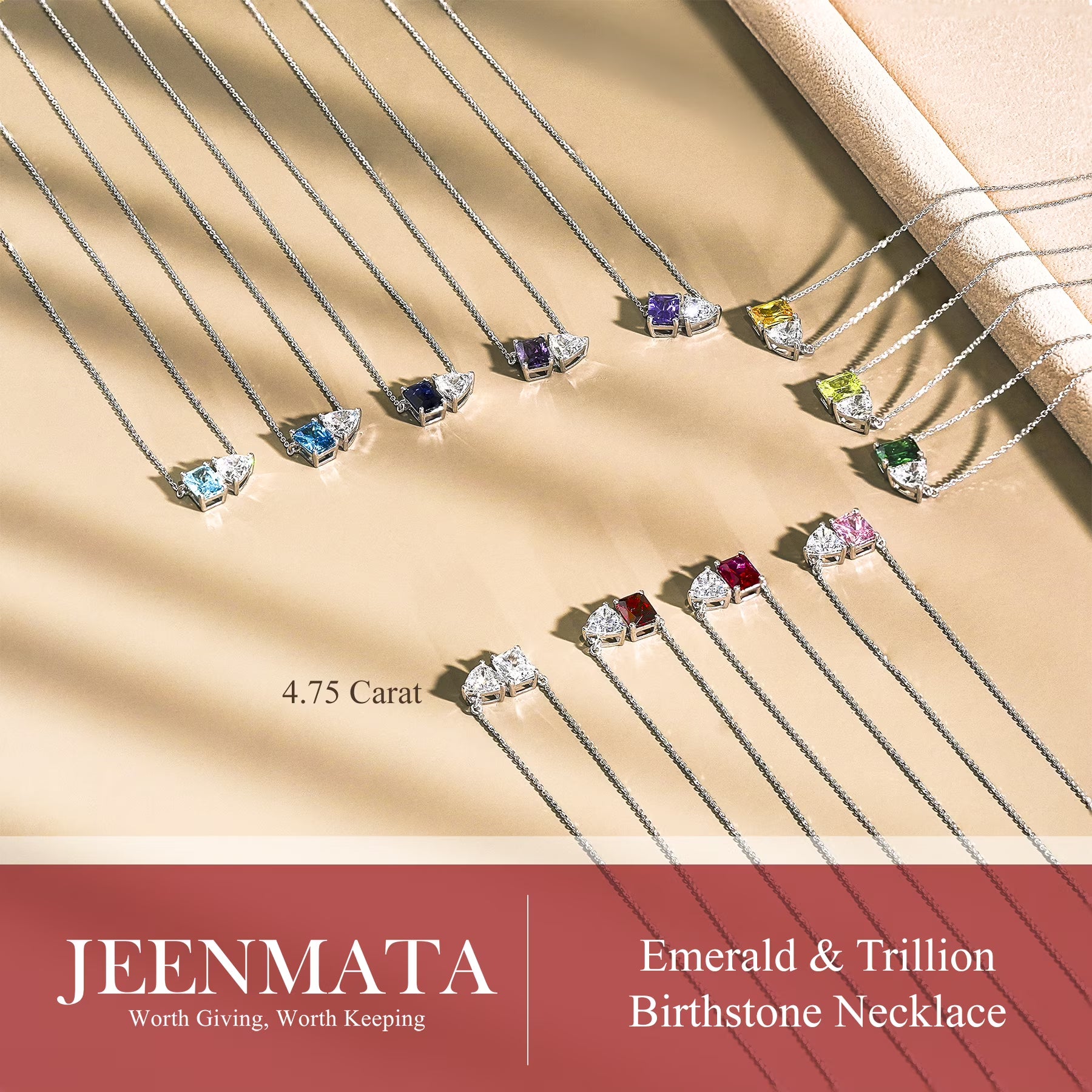 JeenMata 4.75 Carat Ruby & Cubic Zirconia Two Stone Birthstone Necklaces - July Birthstone Emerald and Trillion Cut Pendant Necklace in 18K White Gold Plating Gift for Women