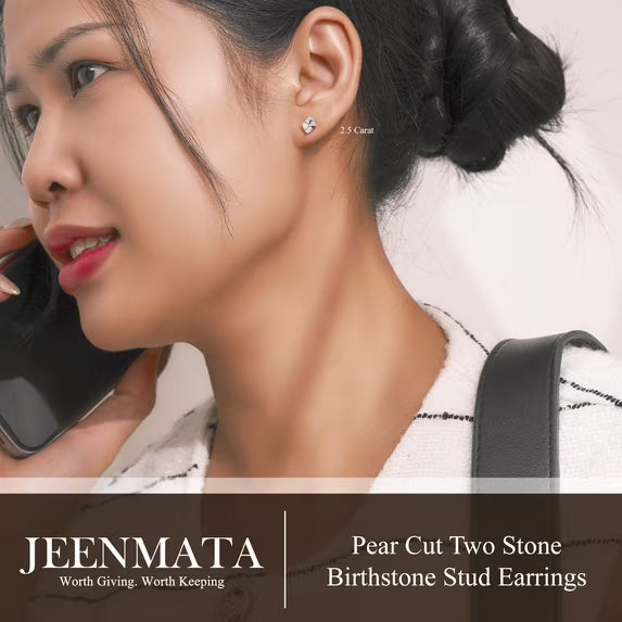 JeenMata 2.5 Carat Pear Cut April Birthstone Stud Earring - Cubic Zirconia Two Stone Earrings in 18K White Gold Plating Gift for Women