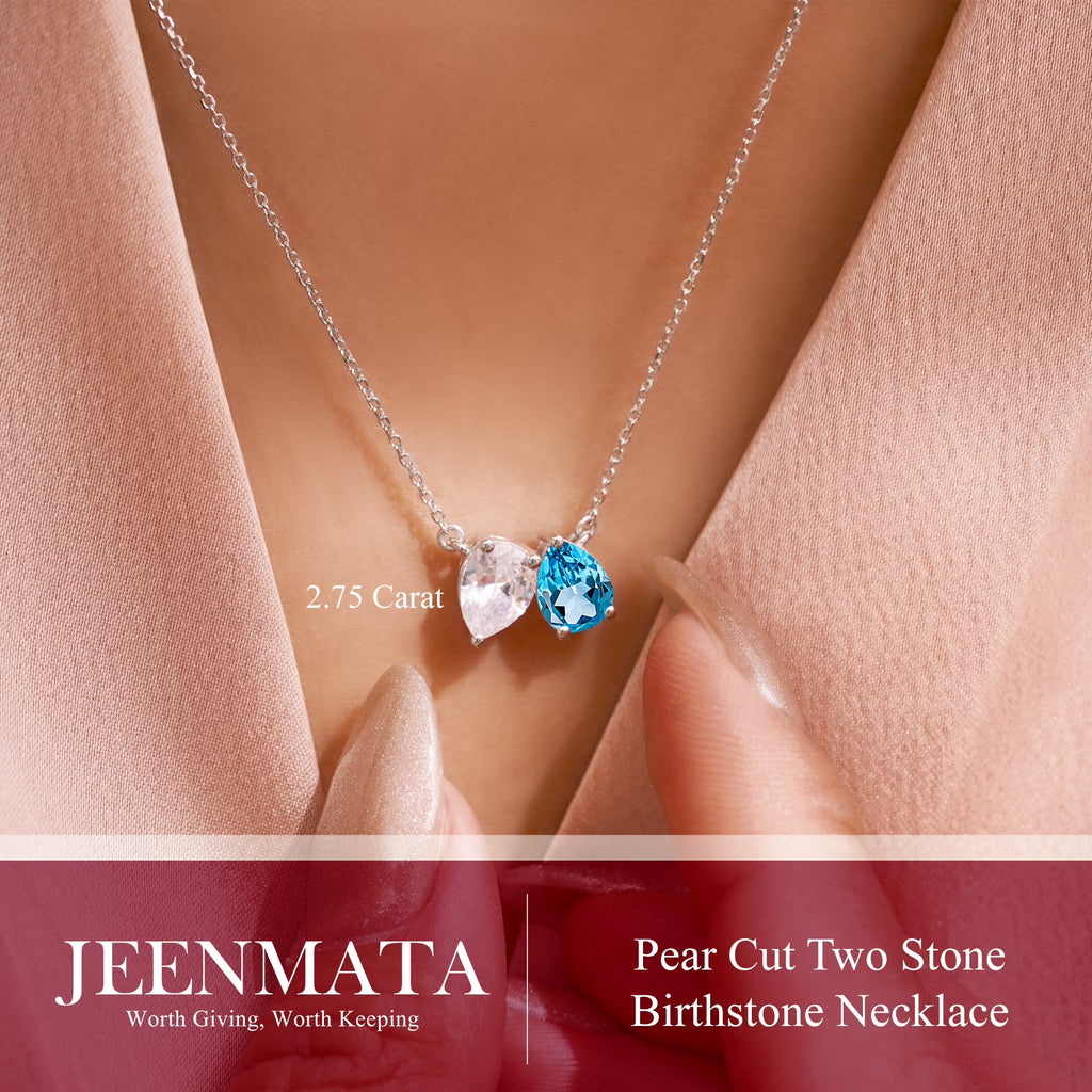 JeenMata 2.75 Carat December Birthstone Necklace - Pear Cut Two Stone Blue Topaz & Cubic Zirconia Necklaces in 18K White Gold Plating Gift for Women, Mother, Her