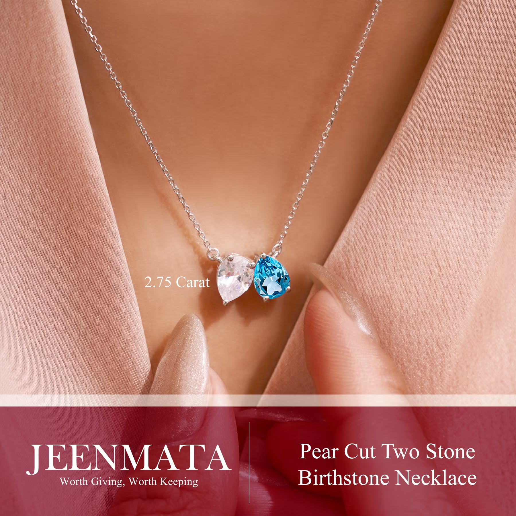 JeenMata 2.75 Carat December Birthstone Necklace - Pear Cut Two Stone Blue Topaz & Cubic Zirconia Necklaces in 18K White Gold Plating Gift for Women, Mother, Her