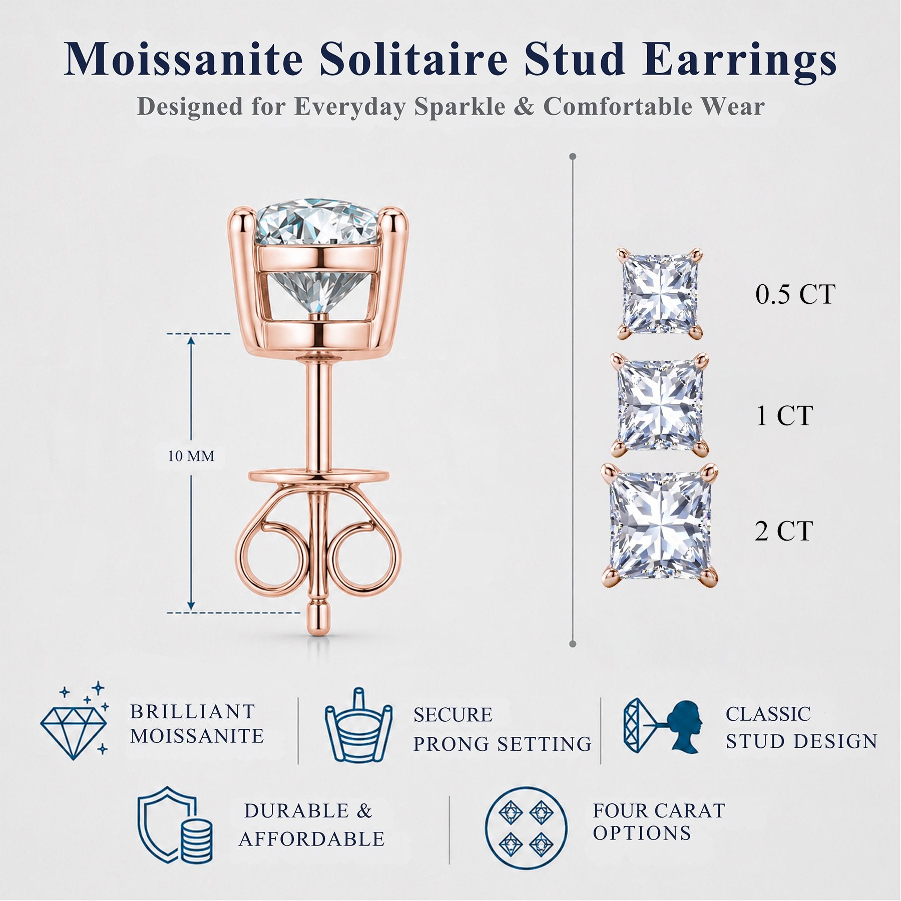 JeenMata 1 Carat Princess Solitaire Moissanite Stud Earrings for Women, Earrings for Men, 18K Rose Gold Plated, Hypoallergenic Earrings, D VS1, Stud Earring for Woman, Jewelry, Gift, Earrings