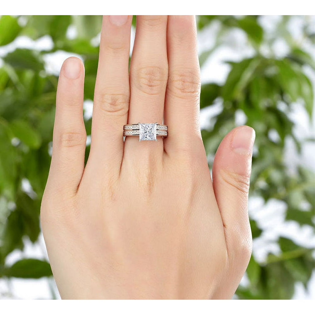 JeenMata 2 Carat Princess Cut Moissanite Wedding Set - Bridal Set - Channel Set Ring - Unique Ring - 18k White Gold Over Silver