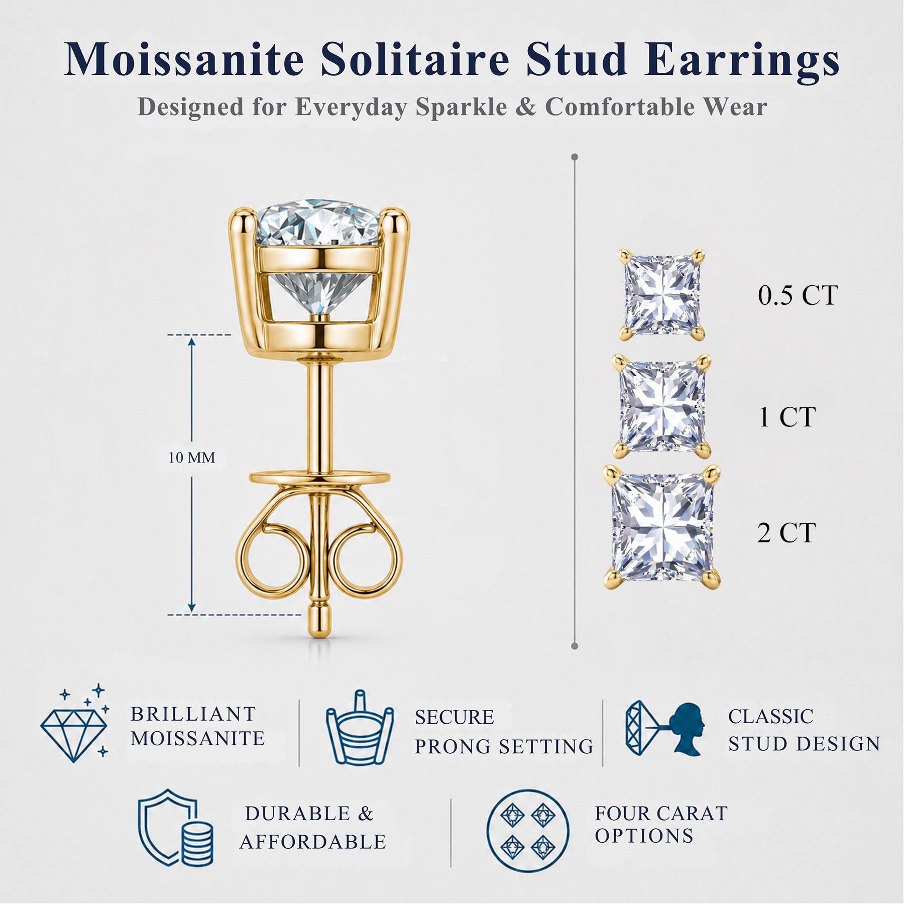 JeenMata 1 Carat Princess Solitaire Moissanite Stud Earrings for Women, Earrings for Men, 18K Yellow Gold Plated, Hypoallergenic Earrings, D VS1, Stud Earring for Woman, Jewelry, Gift, Earrings