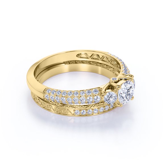 JeenMata 1.75 Carat Round Cut 3 Stone Lab Grown Diamond Bridal Ring Set for Women, Past Present Future Vintage Wedding Ring Set in 10K Yellow Gold