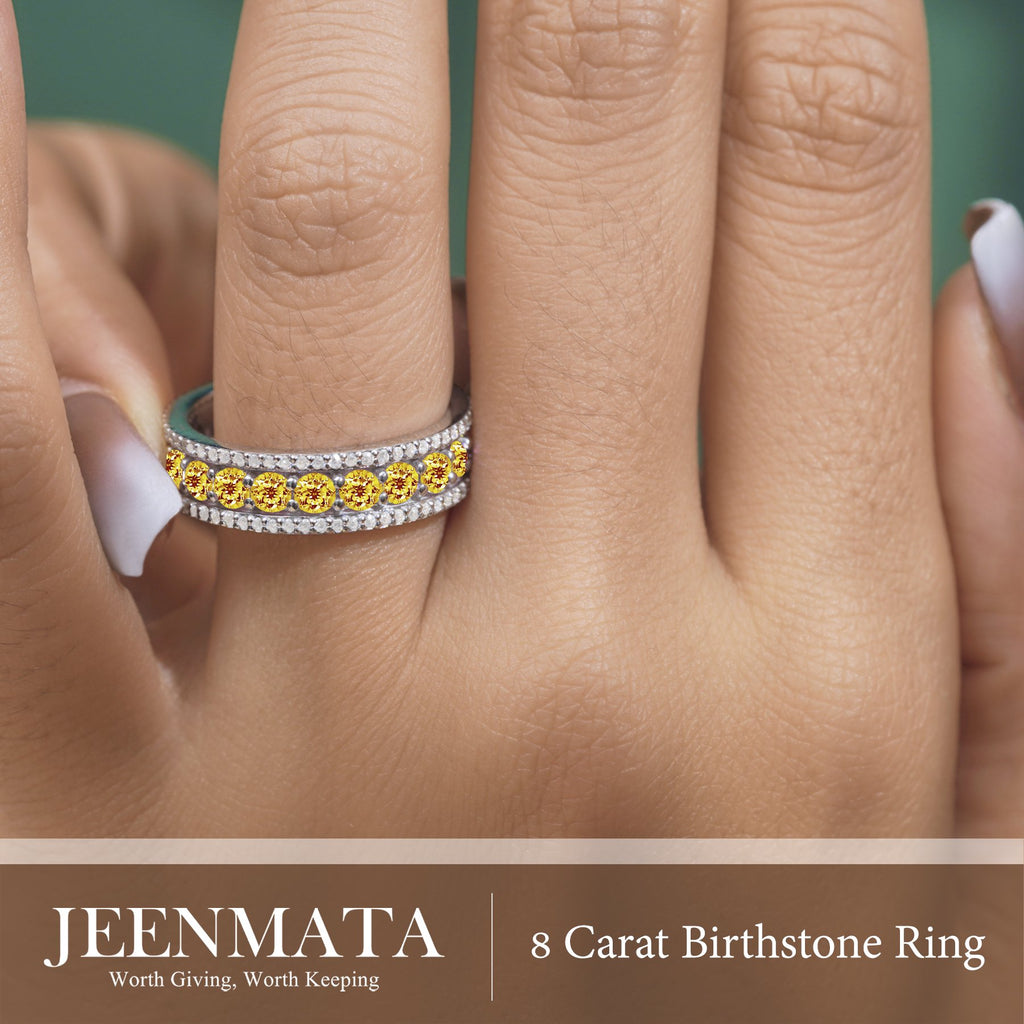 JeenMata 8 Carat Round Cut - November Birthstone Eternity Band Ring - Citrine Cubic Zirconia Halo Anniversary Wedding Band in 18K White Gold Plating for Women