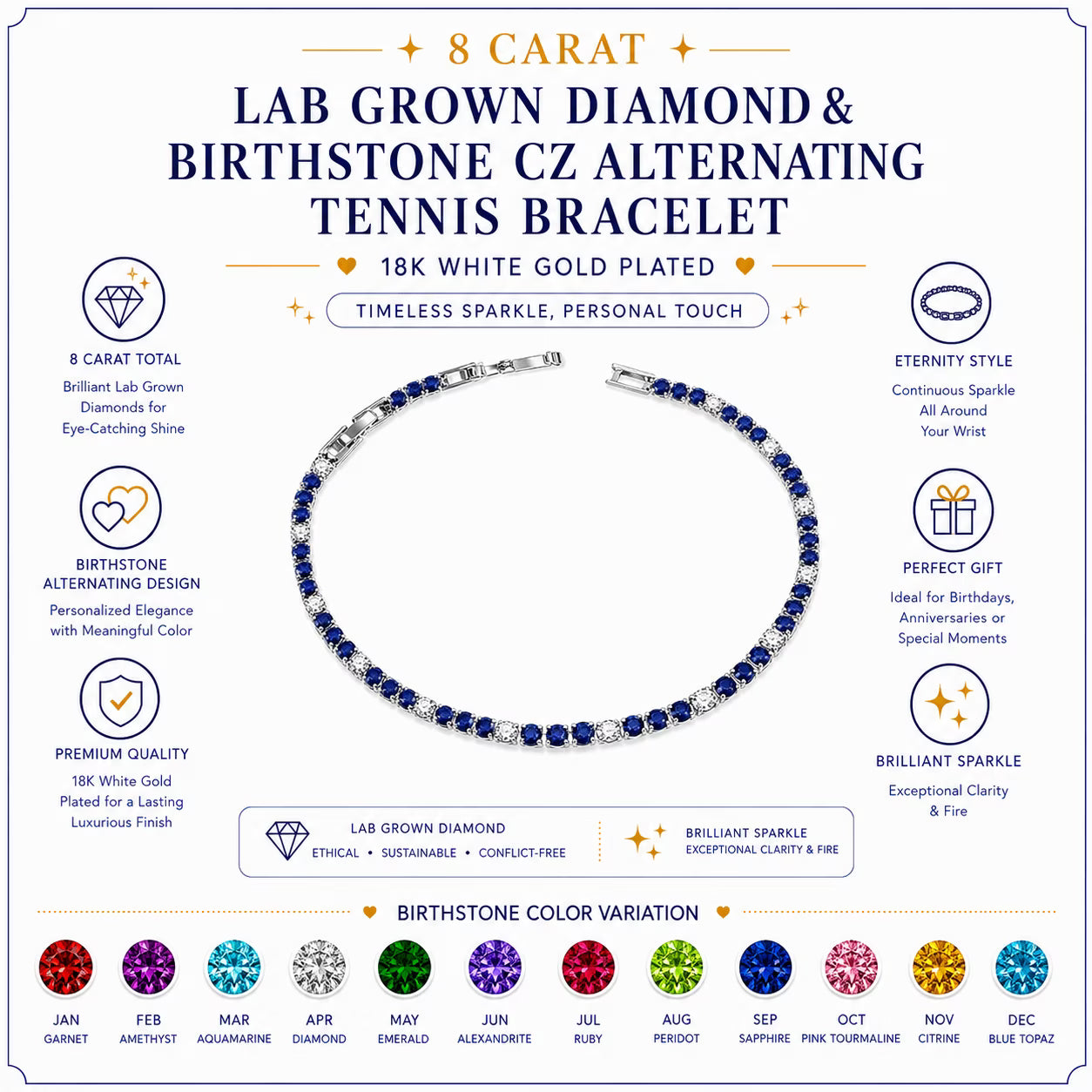 JeenMata 8 Carat Lab Grown Diamond & Garnet Alternating Birthstone Tennis Bracelets - 18K White Gold Plating for Women Eternity Design Bracelet