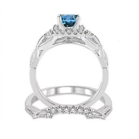 JeenMata Filigree 1.75 Carat Princess Cut Created Aquamarine and Moissanite Wedding Ring Set in 18k White Gold Plating for Women