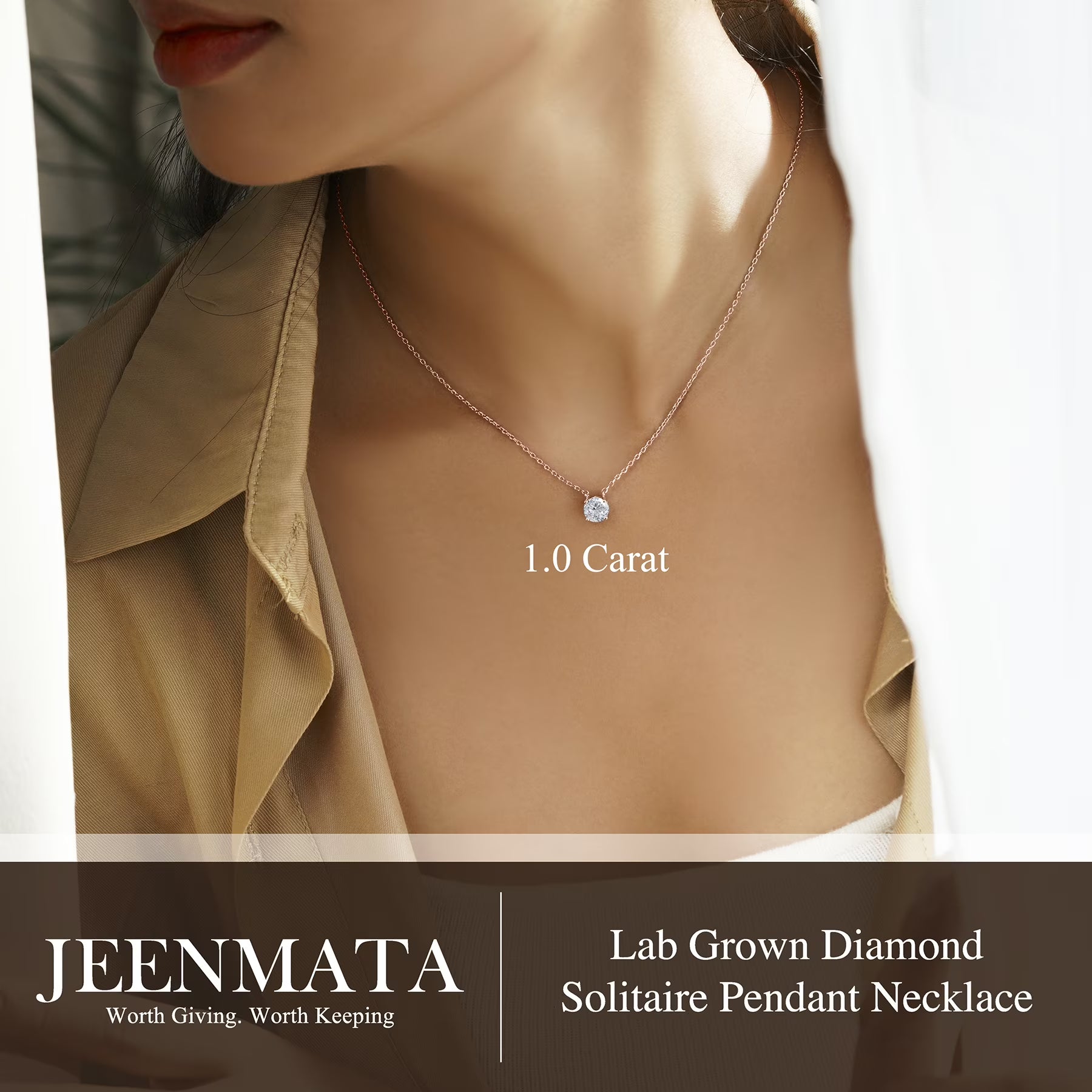 JeenMata Lab Grown Diamond 1 Carat Round Cut Classic Solitaire Pendant Necklace - in 18K Rose Gold Plating for Women