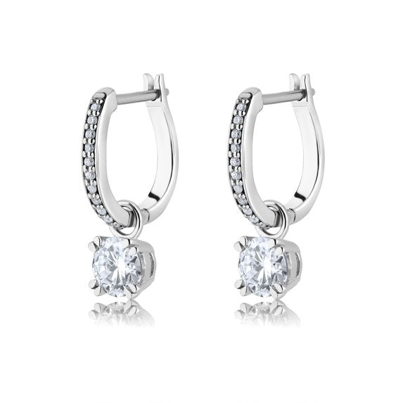 JeenMata 1 Carat Round Cut Lab Grown Diamond Dangle Drop Earrings in 18K White Gold Over Silver