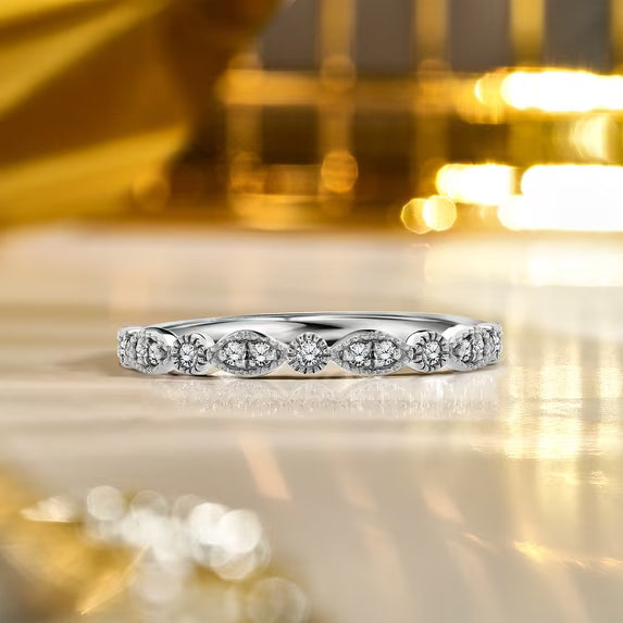 JeenMata Art-Deco 0.25 Carat Round Brilliant Cut April Birthstone Filigree Milgrain Wedding Band in 18K White Gold Plating for Women