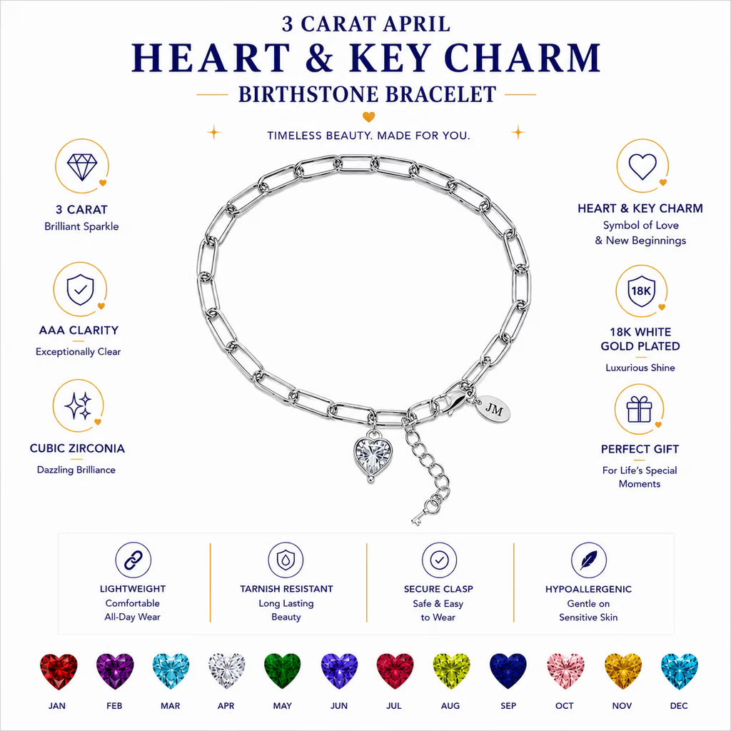 JeenMata 3 Carat April Heart & Key Charm Birthstone Bracelet - 18K White Gold Plating for Women