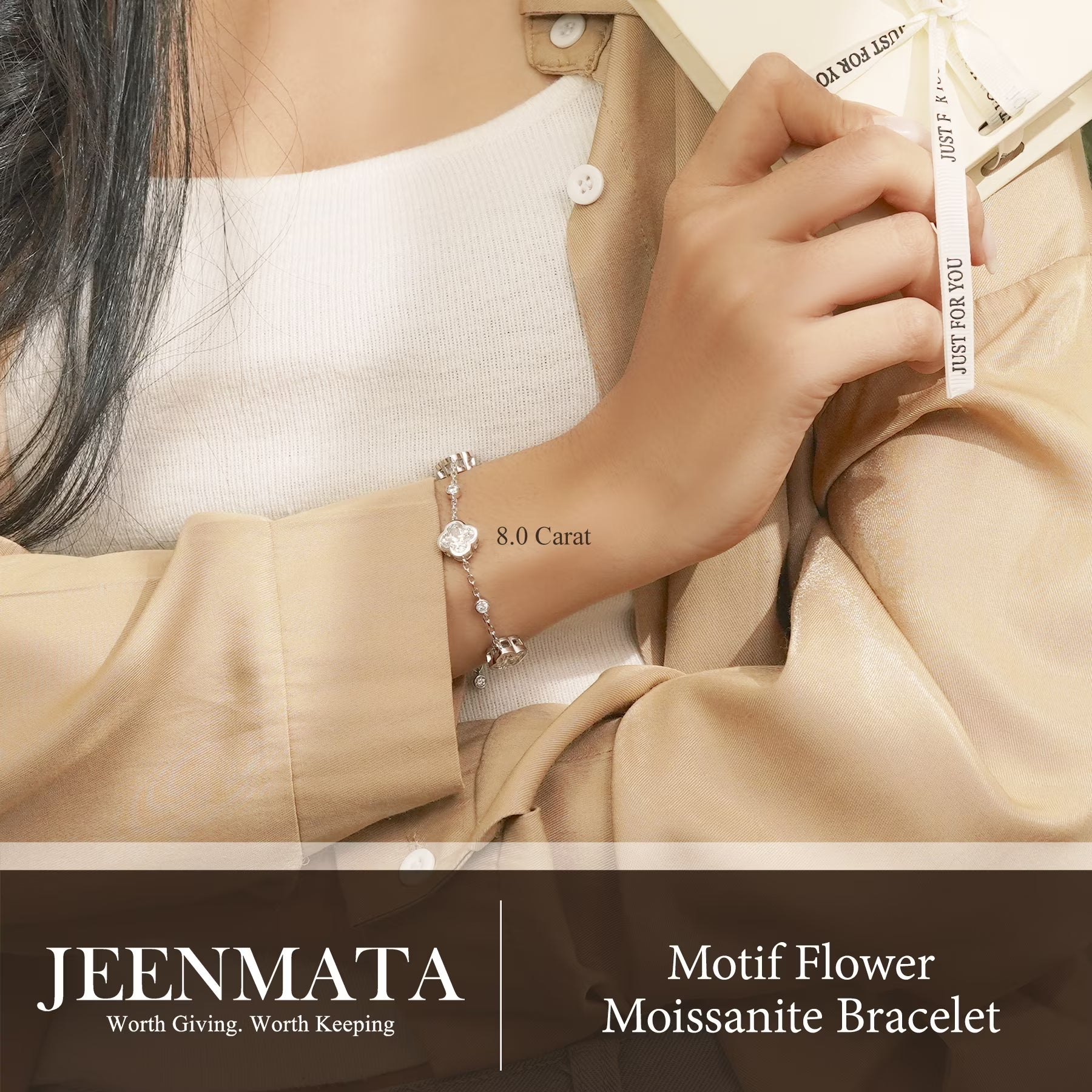 JeenMata 8 Carat Elegant Flower Moissanite Bracelet - Motif Bracelet in 18K White Gold Plating for Women