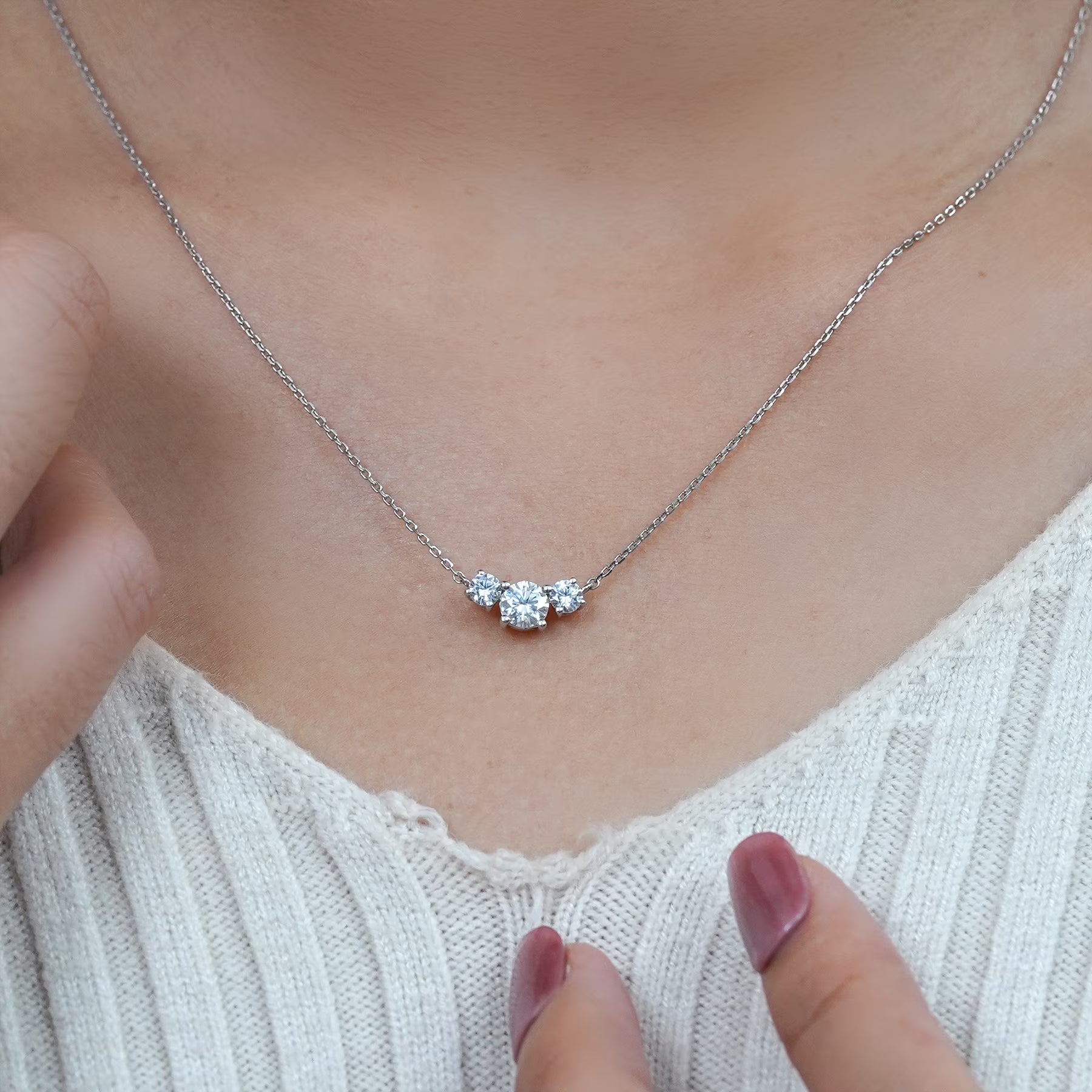 JeenMata 1 Carat Lab Grown Diamond Pendant Necklace - Round Cut Three Stones Pendant in White Gold Plating
