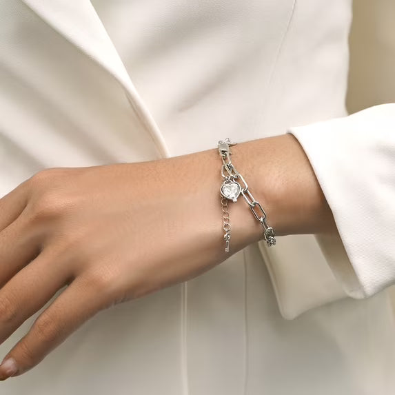JeenMata 3 Carat April Heart & Key Charm Birthstone Bracelet - 18K White Gold Plating for Women