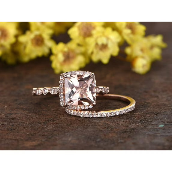 JeenMata Art Deco 1.50 carat Princess Cut created morganite and Moissanite Halo Engagement Bridal Set in Rose Gold
