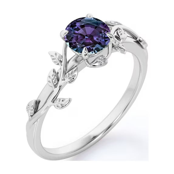 JeenMata 0.50 Carat - Round Cut Lab Created Alexandrite Ring - Leaf & Vine Engagement Ring - 18K Black Gold Plating for Women