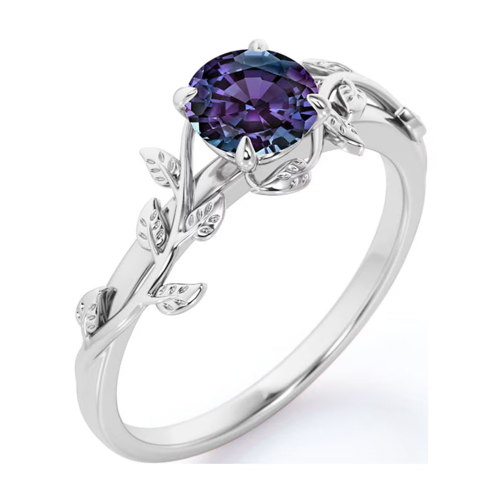 JeenMata 0.50 Carat - Round Cut Lab Created Alexandrite Ring - Leaf & Vine Engagement Ring - 18K White Gold Plating for Women
