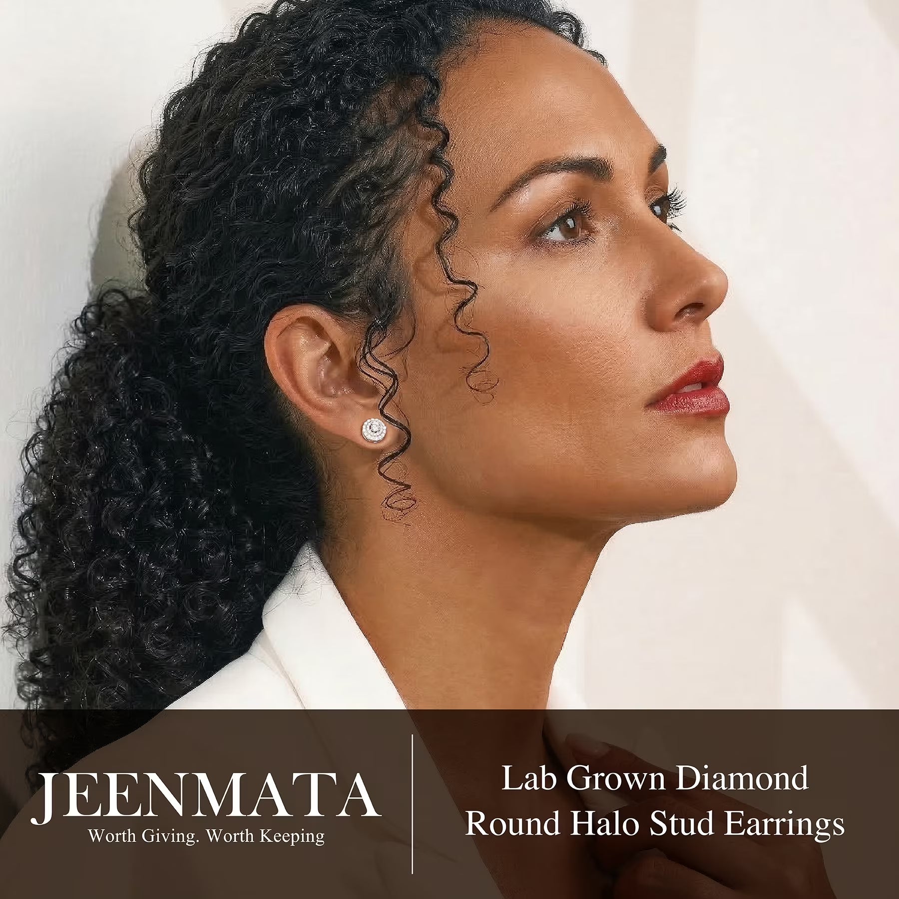 JeenMata Lab Grown Diamond Halo Stud Earrings - Round Cut Stud Earrings for Women in White Gold Plating