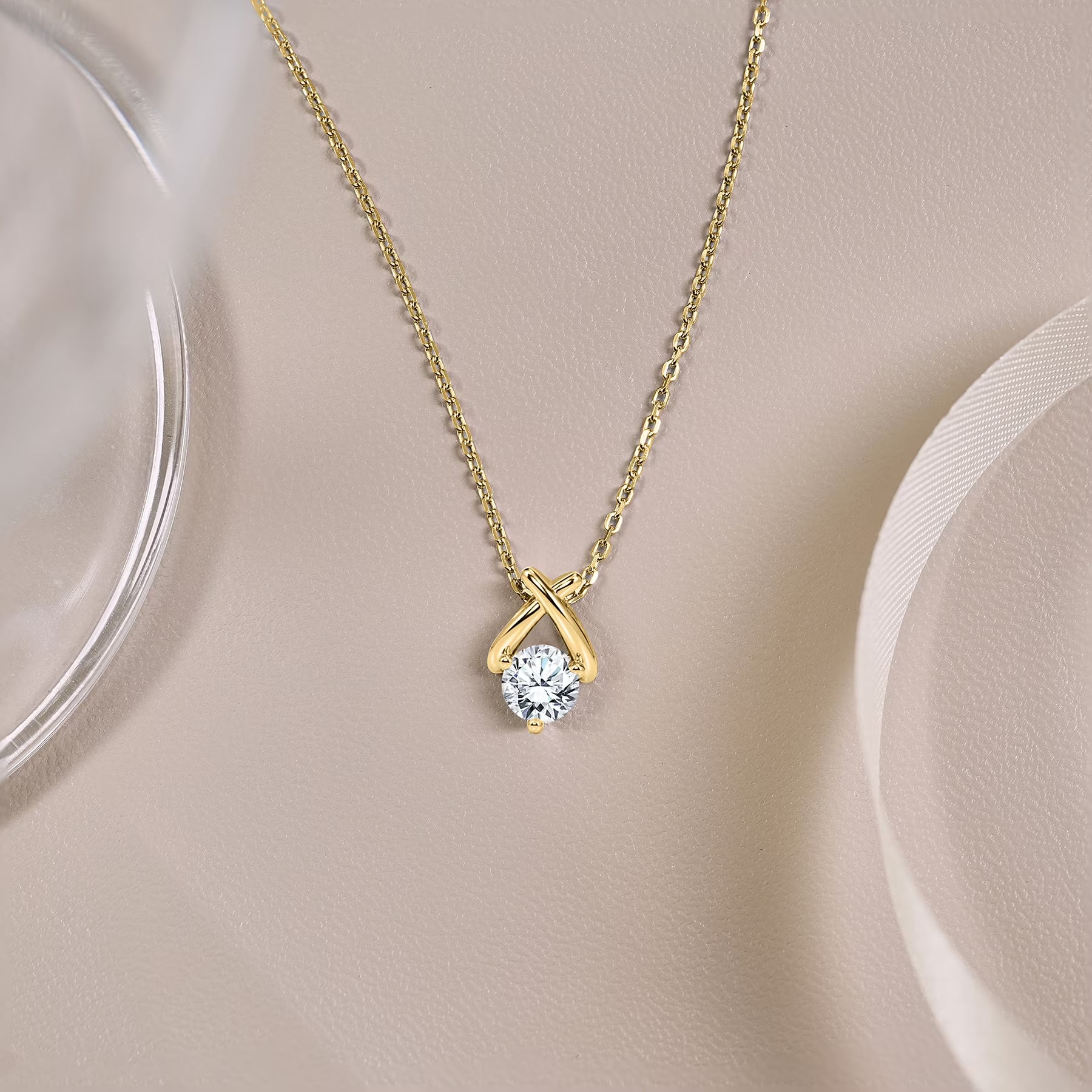 JeenMata X-Shaped Round Cut Lab Grown Diamond Pendant Necklace in 18K Yellow Gold Plating for Women