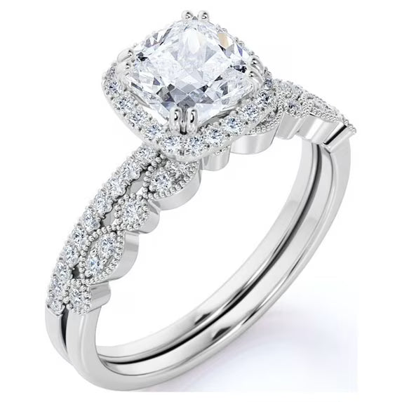 JeenMata 1.5 Carat cushion cut Moissanite and Diamond Halo Vintage Bridal Wedding Ring Set in 10k White Gold