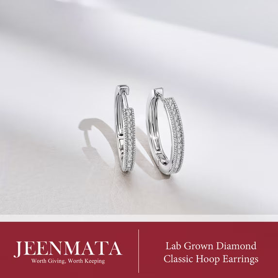 JeenMata Lab Grown Diamond Hoop Earrings - Round Cut Classic Earrings in White Gold Plating for Women