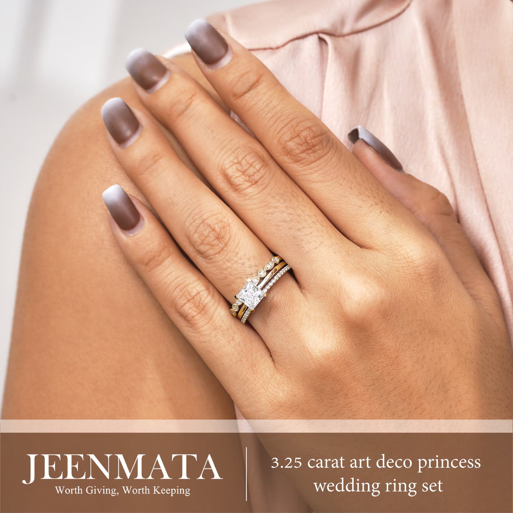 JeenMata 3.25 Carat Princess Wedding Ring Set - Bridal Set - Wedding Trio Set - Engagement Ring - Art Deco Ring - Promise Ring - Sterling Silver