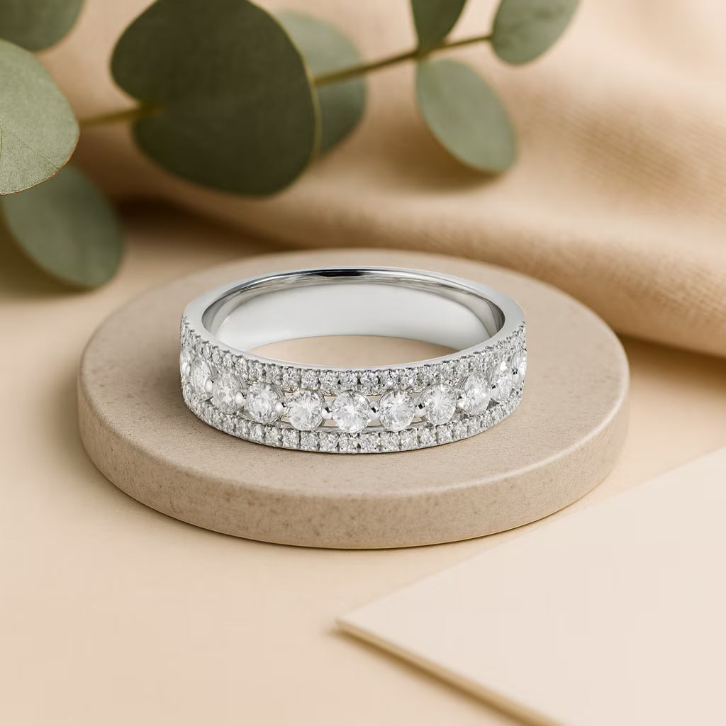 JeenMata Double Pave - 0.75 Carat Round Brilliant Cut Moissanite - Eternity Anniversary Ring - 18K White Gold Plating for Women