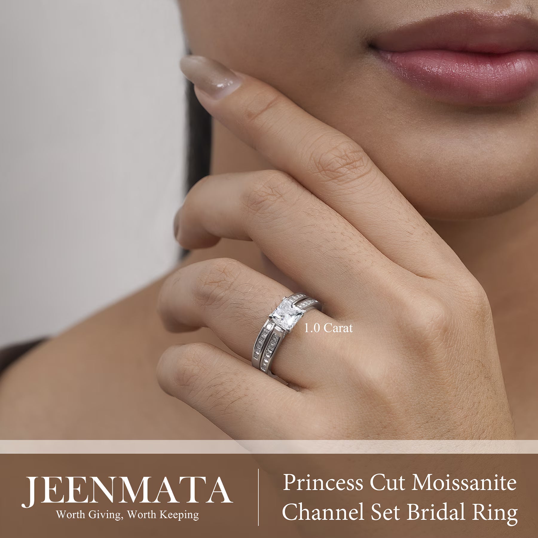 JeenMata 1 Carat Princess Cut Moissanite Wedding Set - Bridal Set - Engagement Ring - Channel Set Ring - Cluster Ring - 18k White Gold Plated for Women