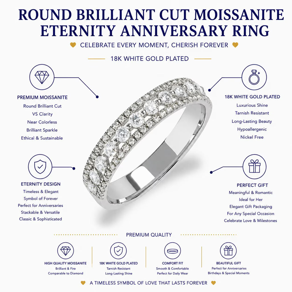 JeenMata Double Pave - 0.75 Carat Round Brilliant Cut Moissanite - Eternity Anniversary Ring - 18K Yellow Gold Plating for Women