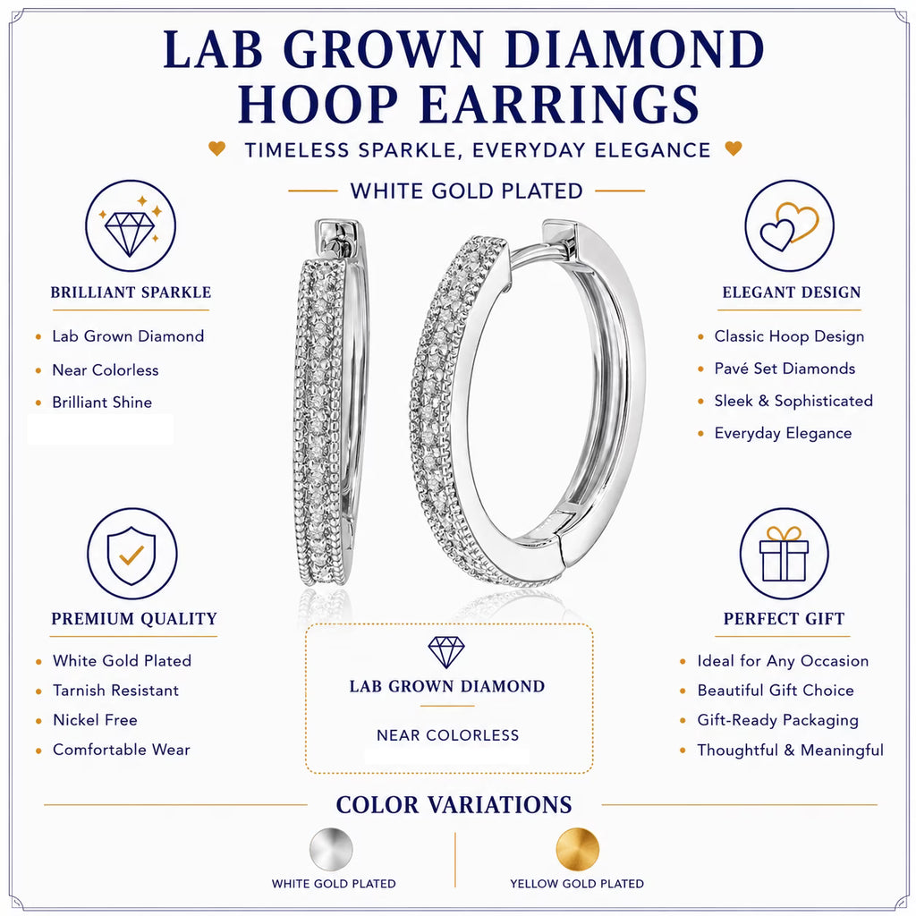 JeenMata Lab Grown Diamond Hoop Earrings - Round Cut Classic Earrings in Yellow Gold Plating for Women