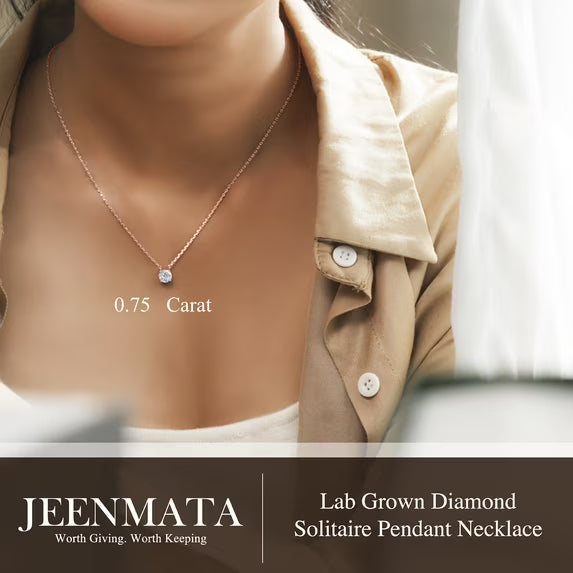 JeenMata Lab Grown Diamond 0.75 Carat Round Cut Classic Solitaire Pendant Necklace - in 18K Rose Gold Plating for Women