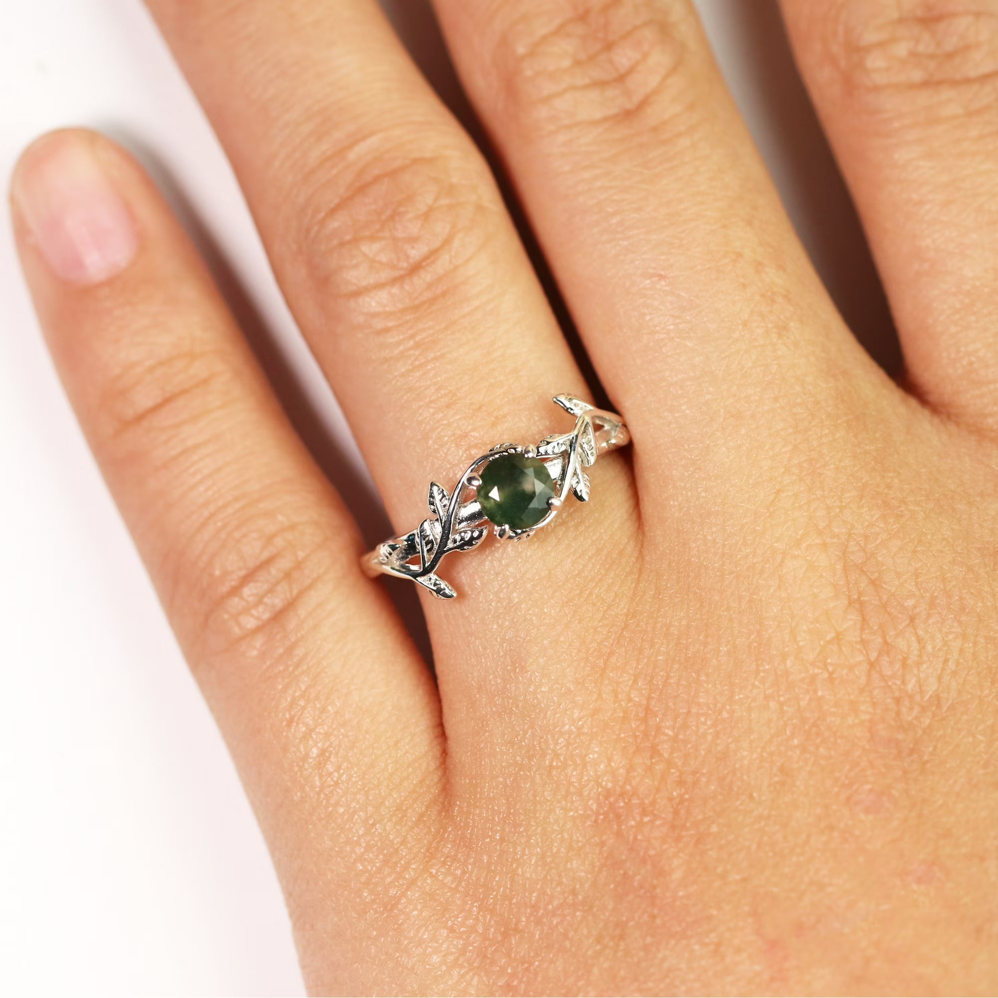 JeenMata Nature Inspired 0.50 Carat Natural Green Moss Agate Solitaire Engagement Ring - Forest Ring - 18K White Gold Plating for Women