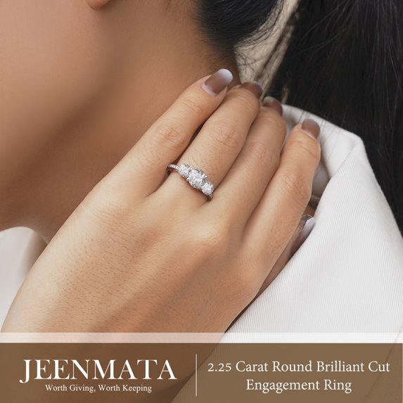 JeenMata 2.25 Carat Round Brilliant Cut Lab Grown Diamond-Three Stone Engagement Rings in 18K White Gold Plating for Women