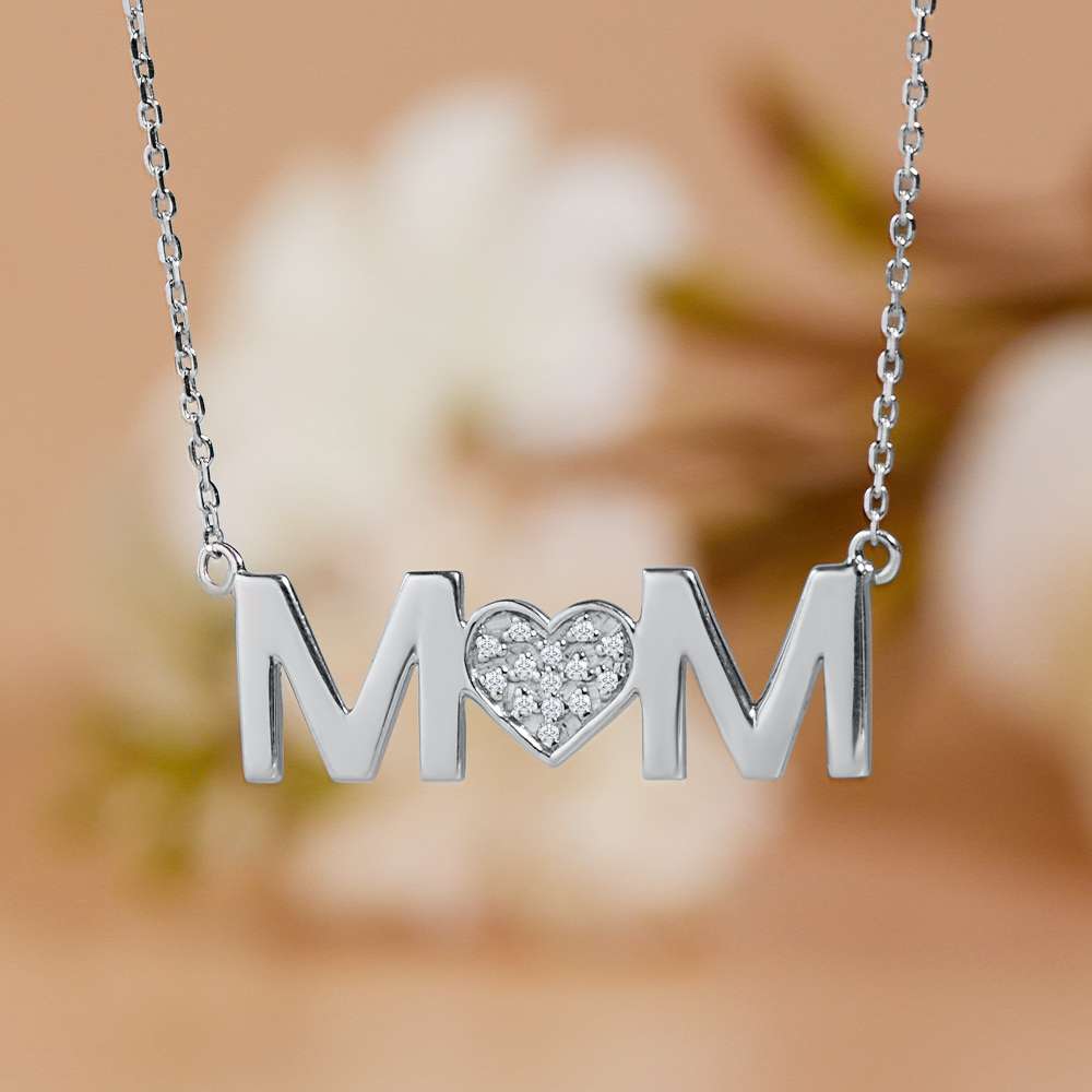 JeenMata MOM Pendant Necklace - Diamond - April Birthstone in 18K White Gold over Silver