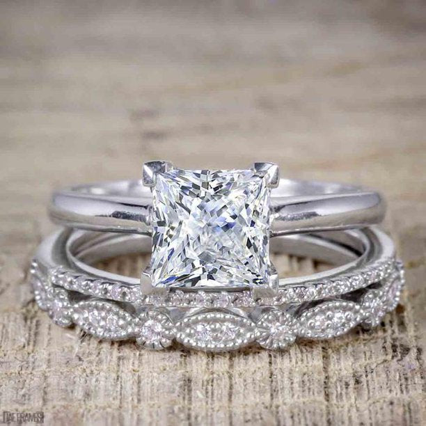 JeenMata 3.25 Carat Princess Wedding Ring Set - Bridal Set - Wedding Trio Set - Engagement Ring - Art Deco Ring - Promise Ring - Sterling Silver