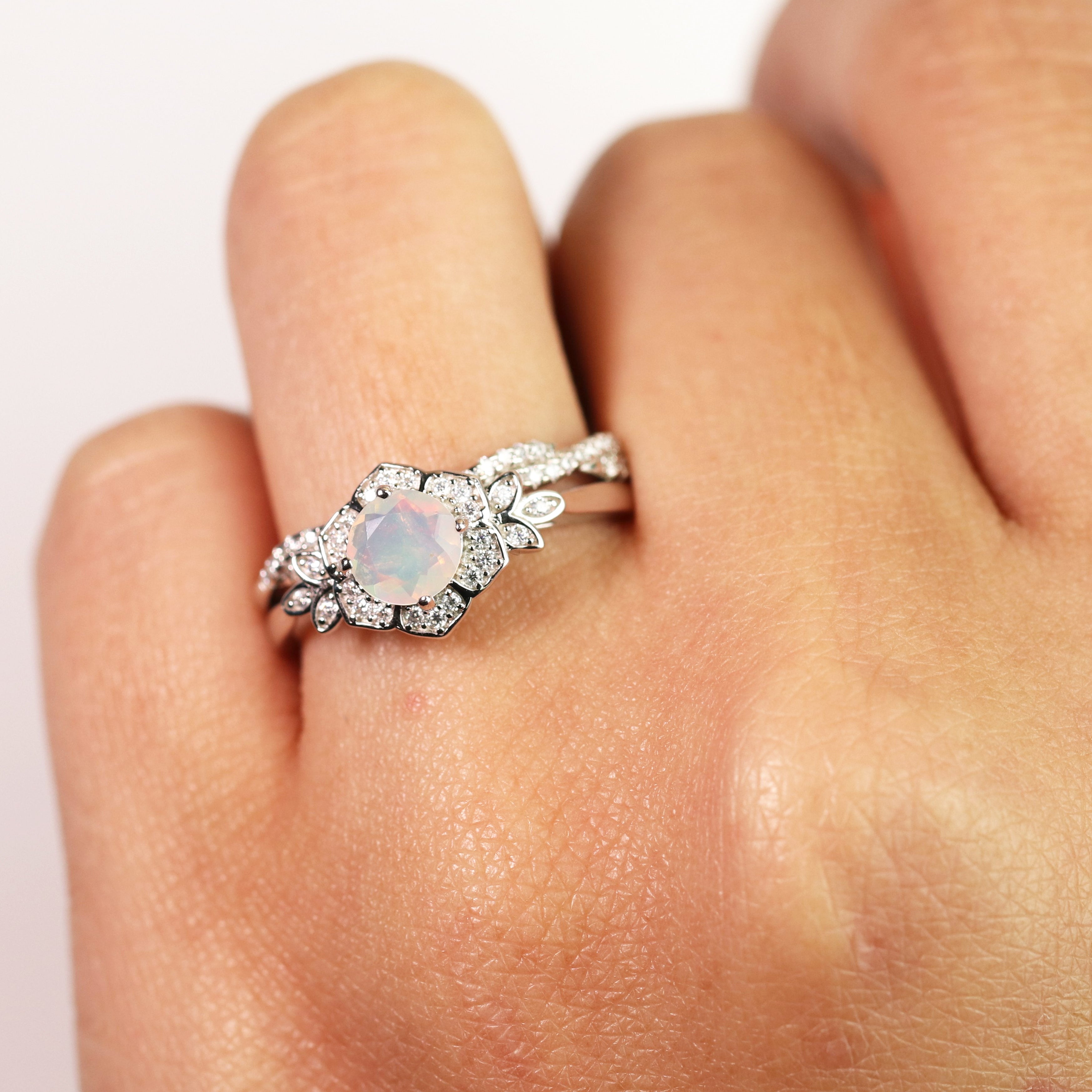 JeenMata 1.75 ct Genuine Round Blue Opal and Moissanite Bridal Ring Set in 18K White Gold over Silver