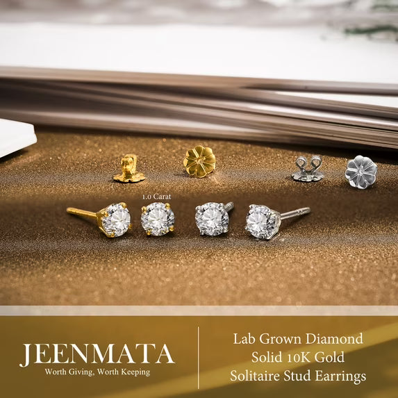 JeenMata Lab Grown Diamond Earrings 1 Carat Round Cut Real Solid 10K White Gold Solitaire Studs for Women