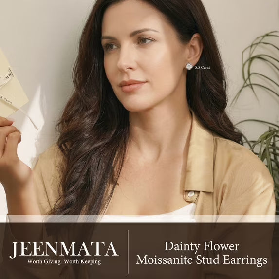 JeenMata 5.5 Carat Danity Flower Moissanite Stud - Floral Cut Earrings in 18K White Gold Plating for Women