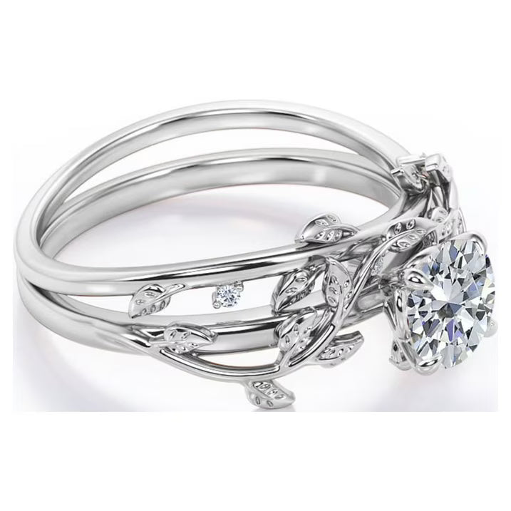 JeenMata Half Carat Round Lab Grown Diamond Bridal Set - Leaf and Vine Diamond Wedding Ring Set - 10k White Gold