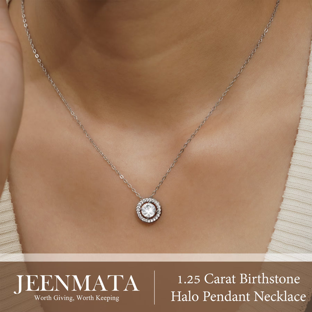 JeenMata Solitaire 1 Carat Round Cut - Moissanite - April Birthstone Halo Pendant Necklace 18k White Gold over Silver, Adult, Female