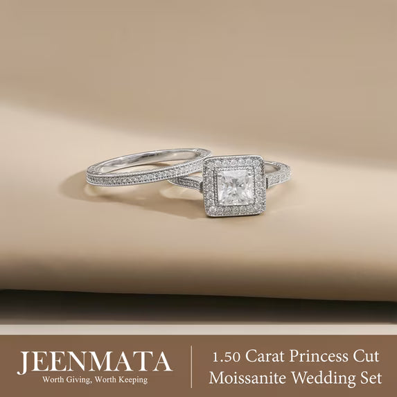 JeenMata 1.5 Carat Princess Cut Moissanite Wedding Set - Bridal Set - Milgrain Ring - Vintage Ring - Halo Ring - 18K White Gold Plating for Women