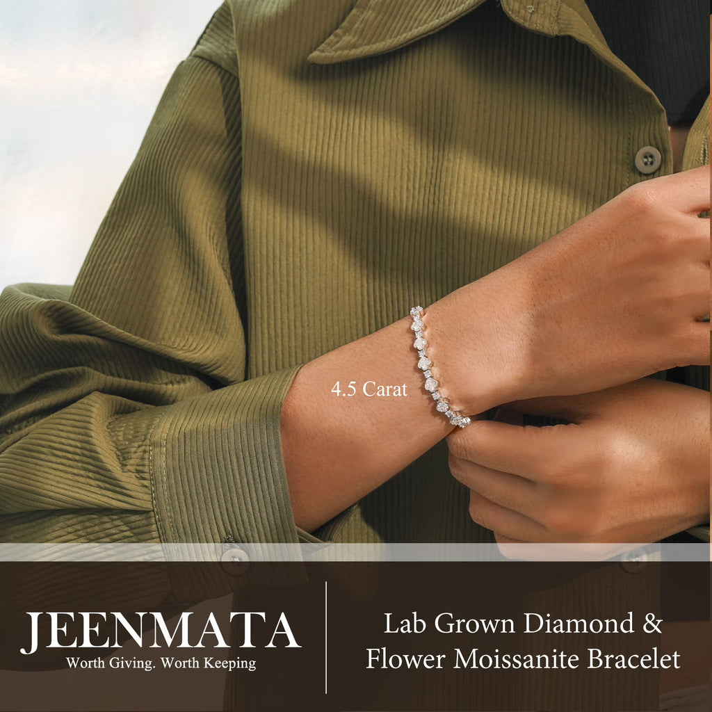 JeenMata 4.5 Carat Round Lab Grown Diamond & Flower Moissanite Bracelet - Feminine Floral Style in 18K White Gold Plating for Women