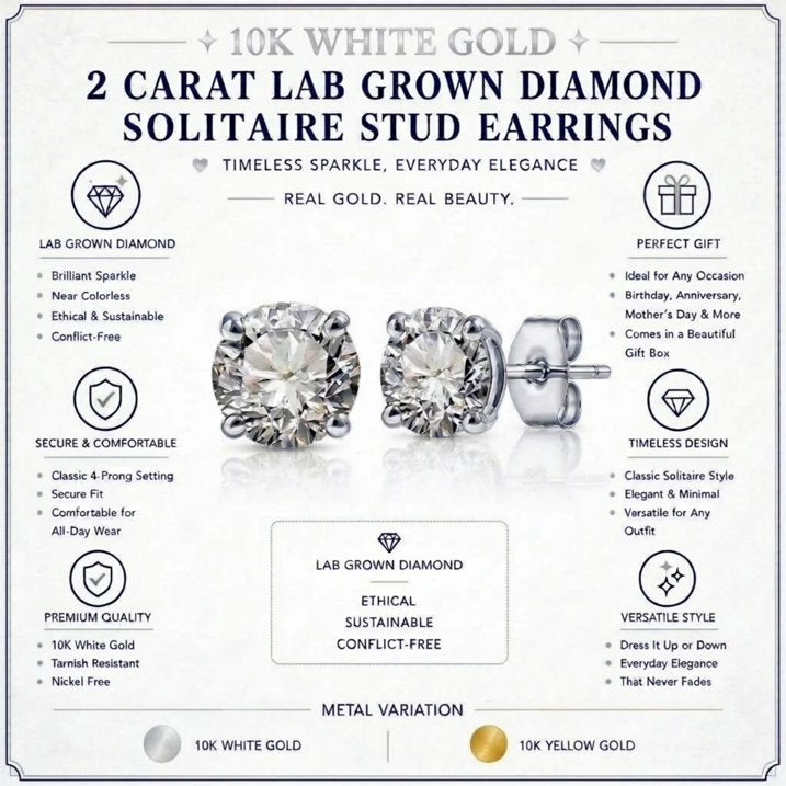 JeenMata Lab Grown Diamond Earrings 2 Carat Round Cut Real Solid 10K White Gold Solitaire Studs for Women